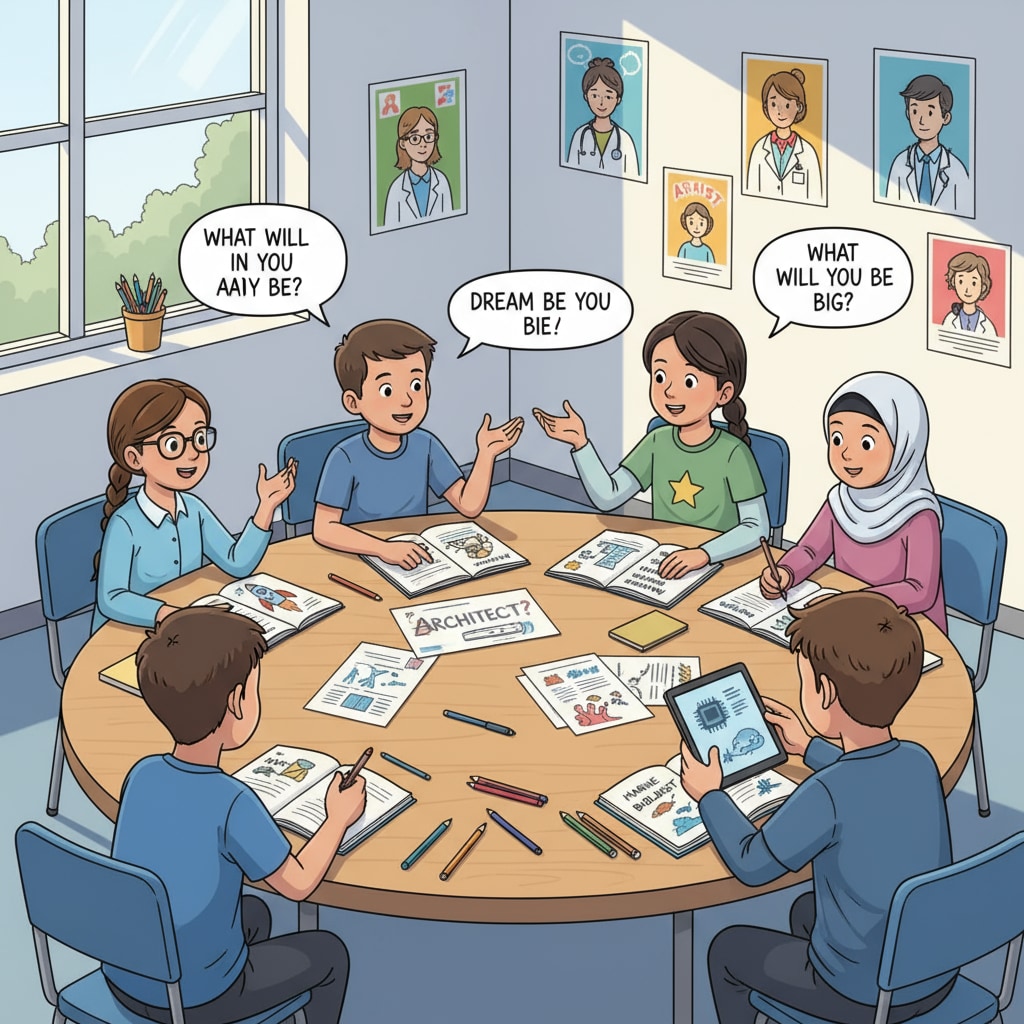 A group of K12 students are sitting around a table, engaged in a lively discussion about their future career aspirations. Some are holding notebooks and pens, jotting down ideas. K12 students discussing dream careers, employment concerns, and career planning