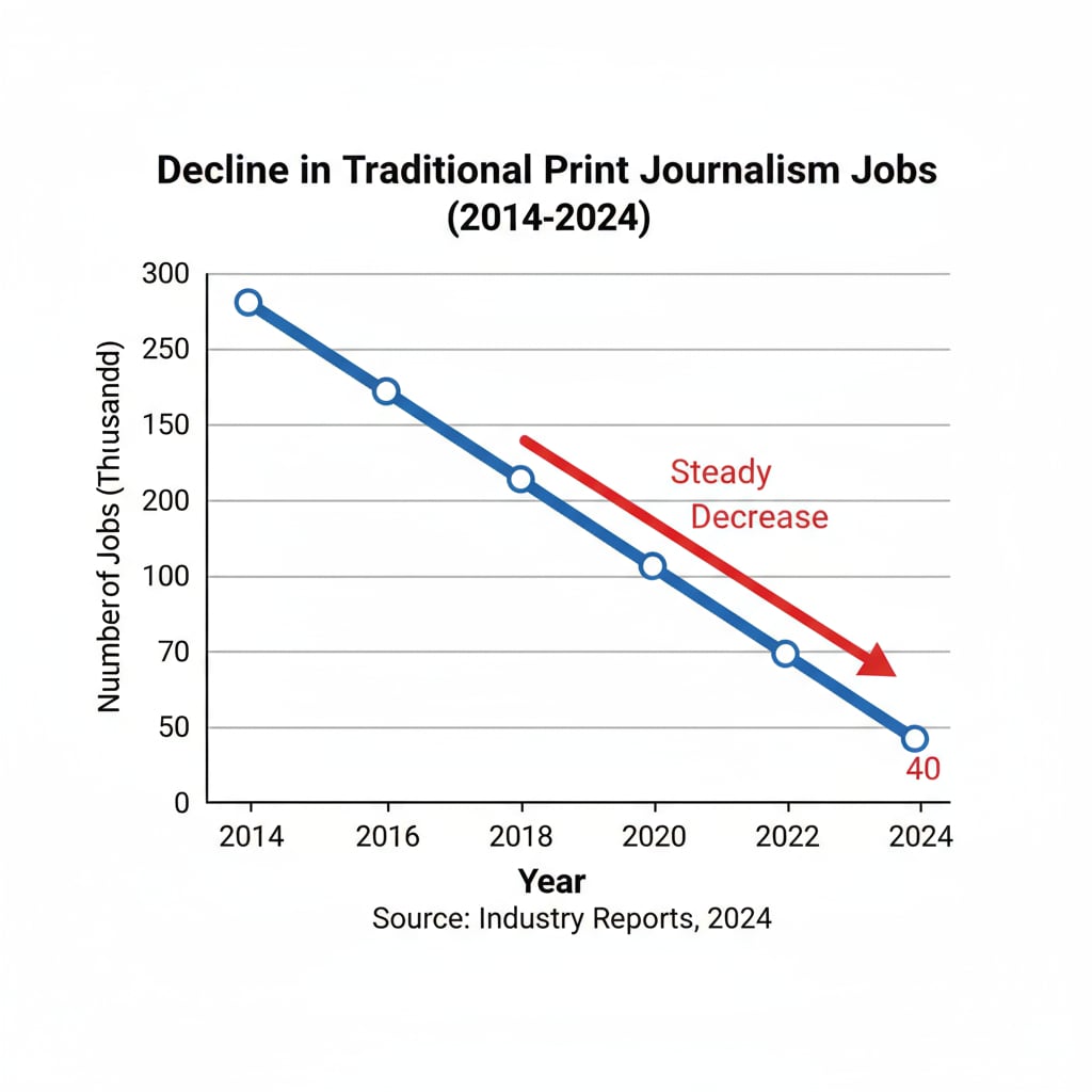 A line graph depicting the steady decline in the number of jobs in the traditional print journalism industry over the past decade. Graph showing employment decline in traditional print journalism related to dream careers, employment concerns, and career planning
