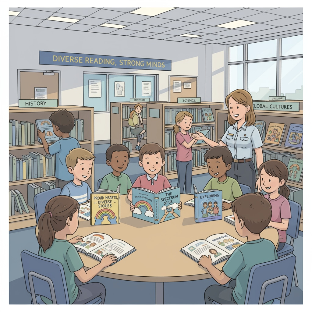 A group of students in a DoD school library looking at books, which could include LGBTQ+ related ones, highlighting the importance of diverse reading materials in DoD education. Students in a DoD school library exploring diverse books including LGBTQ+ titles under the protection of the First Amendment.