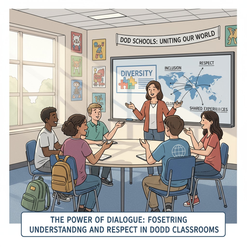 Students in a classroom engaged in a discussion about diversity topics, representing the positive impact of diversity education in DoD schools as supported by the court's ruling. Classroom discussion on diversity topics in a DoD school, an outcome of the court's decision to restore diversity education respecting the First Amendment.