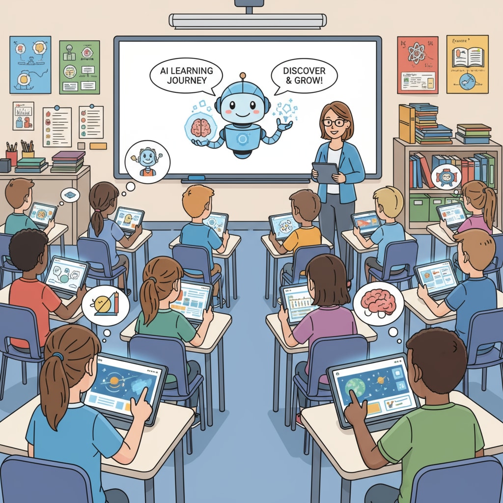 Students are seen using tablets with AI learning software in a classroom setting, engaged in interactive learning activities. Students using AI learning tools in a classroom to enhance their education.