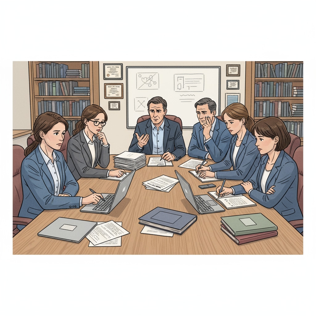 A group of educators are sitting around a table, engaged in a serious discussion about their work responsibilities within a higher education environment. Some are looking concerned, while others are taking notes. Educators discussing additional work responsibilities in higher education