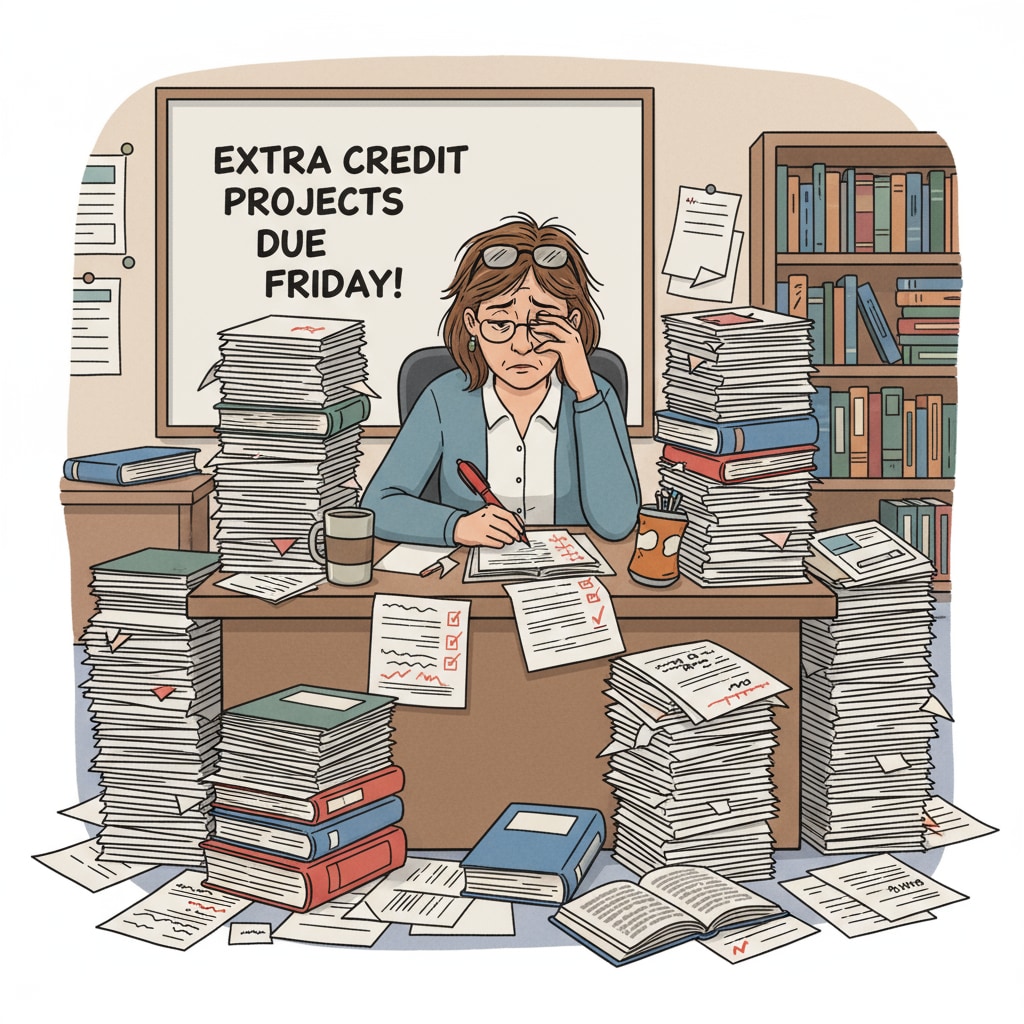 An educator is sitting at a desk, surrounded by piles of papers and books related to the additional work they have been assigned. They have a stressed expression on their face, indicating the pressure of dealing with the extra workload. Stressed educator dealing with additional work in higher education
