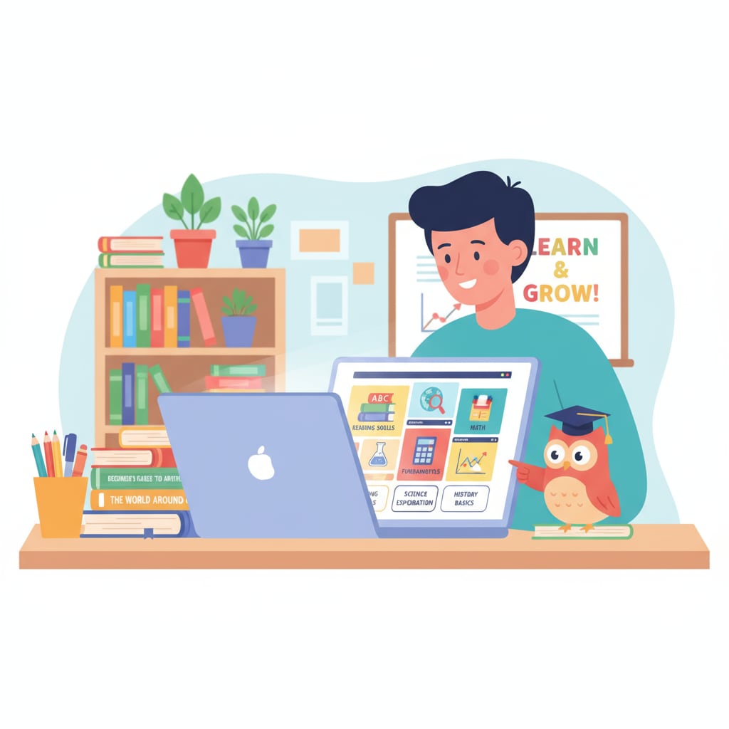 A person is sitting at a desk, concentrating on a laptop screen where various online learning resources related to basic education are displayed. ADHD adult using online learning resources for basic education