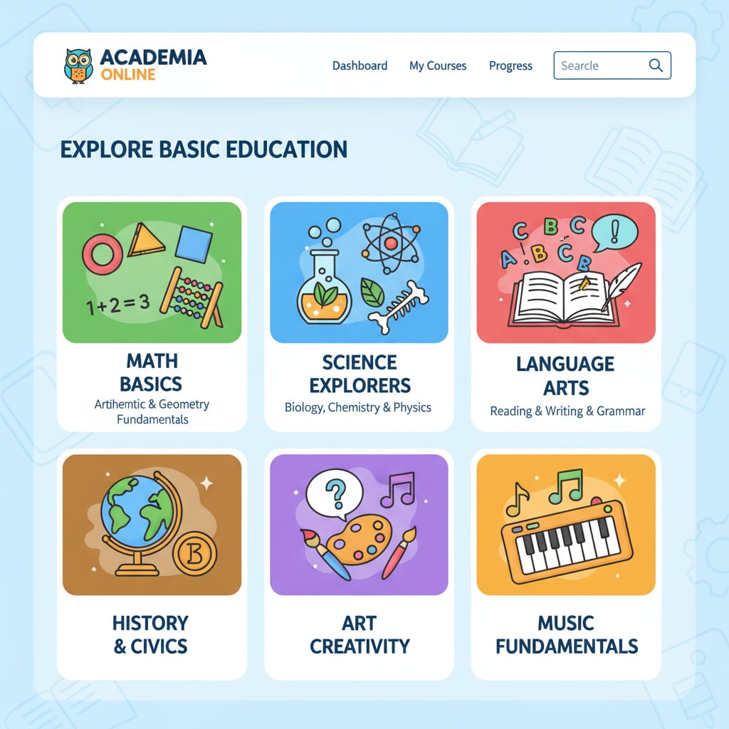 A screenshot of a popular online learning platform with different basic education courses listed, such as math, science, and language arts. Online learning platform with basic education courses for ADHD adults