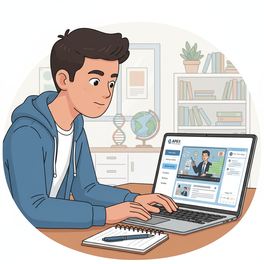 A student is focused on a laptop, accessing a variety of digital learning resources provided in an online high school course, emphasizing the use of technology in these programs. Student using digital resources in an online high school course for credit requirements and high school diploma attainment