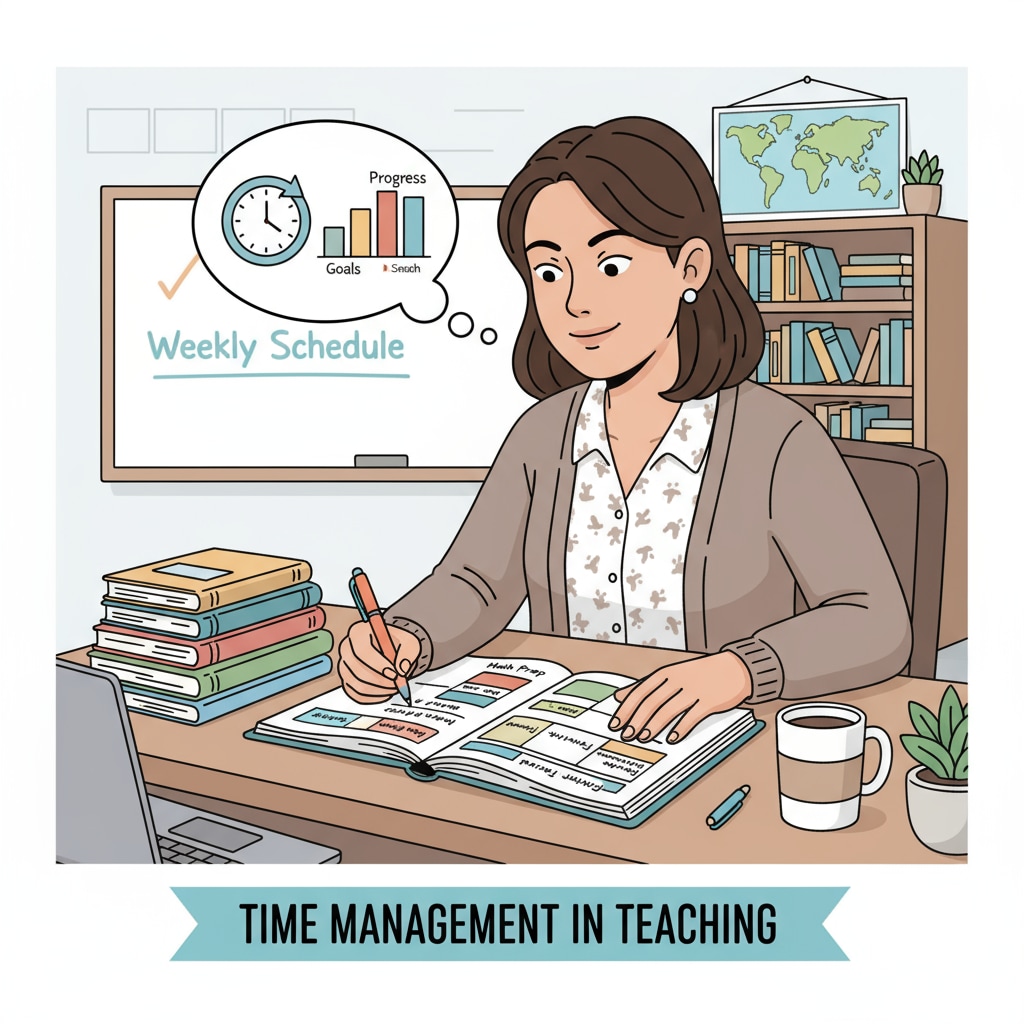 A K12 educator is sitting at a desk, looking at a schedule with a determined expression, indicating the process of time management. A K12 educator managing time by looking at a schedule