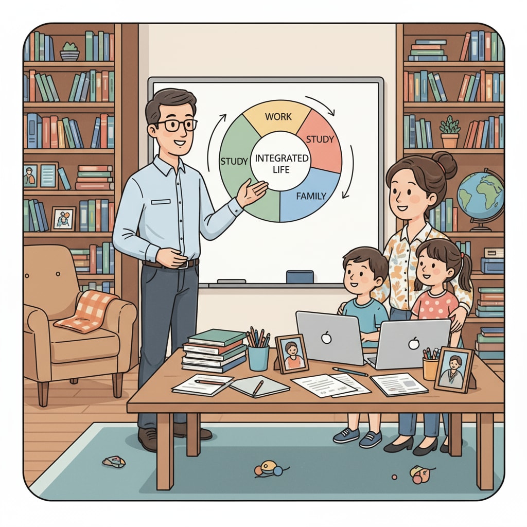 A K12 educator is having a conversation with a spouse while surrounded by books and teaching materials, showing the combination of work, study, and family life. A K12 educator interacting with spouse amidst work and study items