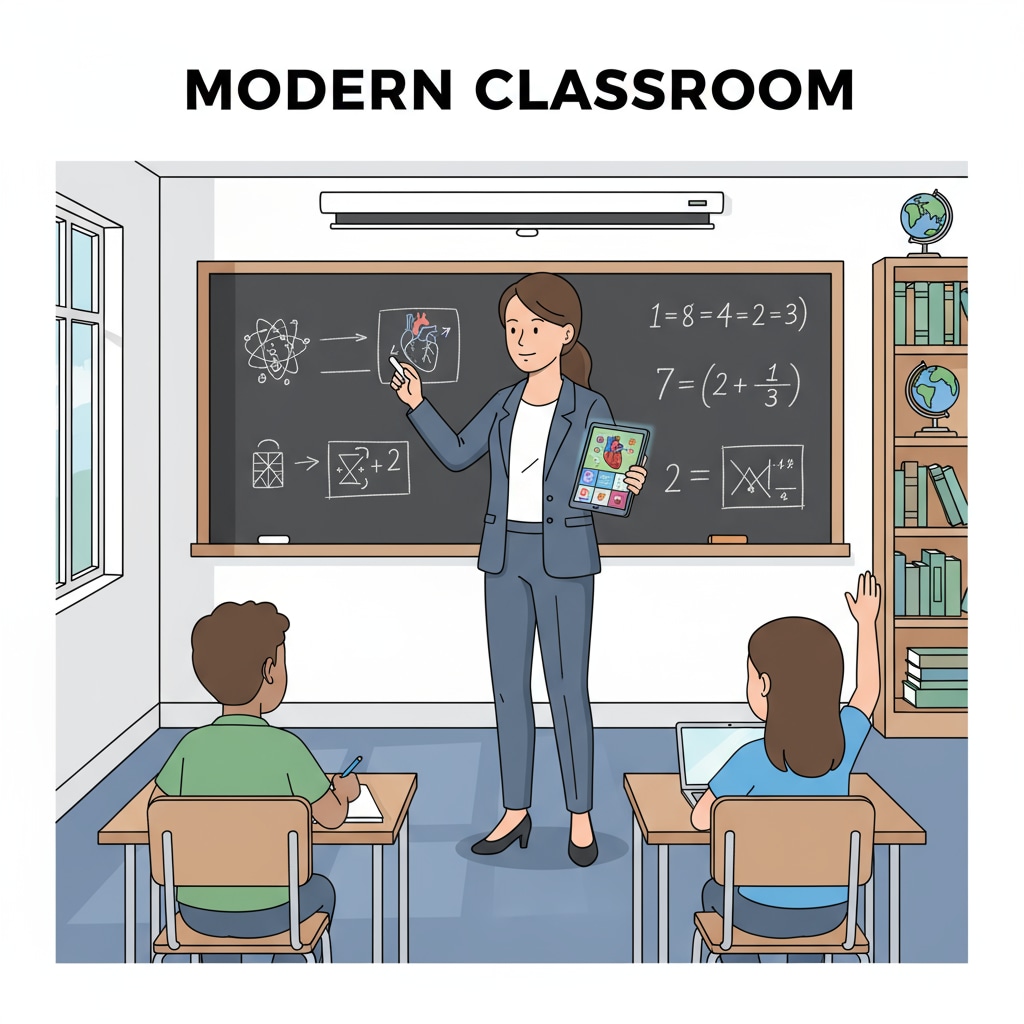 A classroom scene where a teacher is using a blackboard to write traditional teaching materials while holding a tablet showing educational apps, demonstrating the coexistence of traditional and technological teaching tools. A classroom with traditional teaching blackboard and technology tablet for teaching
