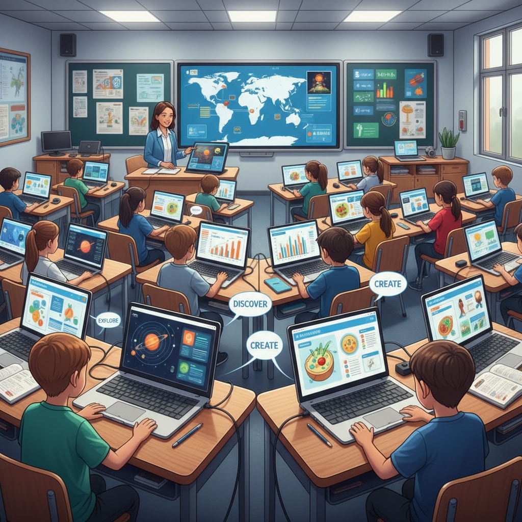 A modern classroom where students are actively engaged with laptops and tablets, exploring educational content, highlighting the role of technology in teaching. Students using laptops and tablets in a technology-integrated classroom