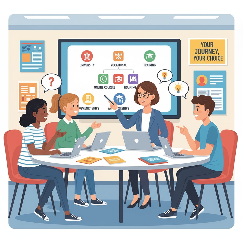 A group of teenagers is having a discussion with a teacher about different educational options available to them, showing a positive and engaged atmosphere. Teenagers discussing educational choices related to dropouts and GED