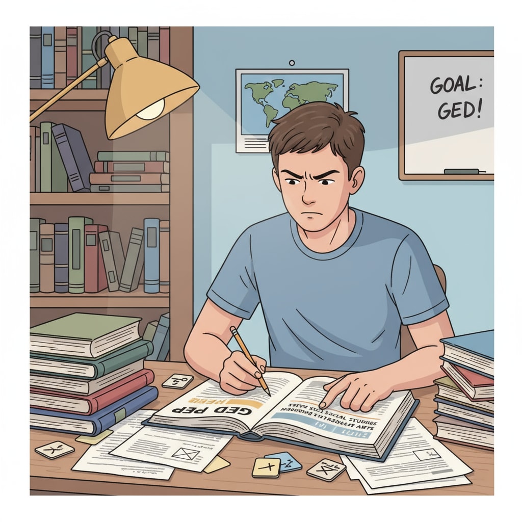 A student is sitting at a table, surrounded by books and papers, concentrating on studying for the GED test, demonstrating determination. Student studying for GED as an educational choice for dropouts