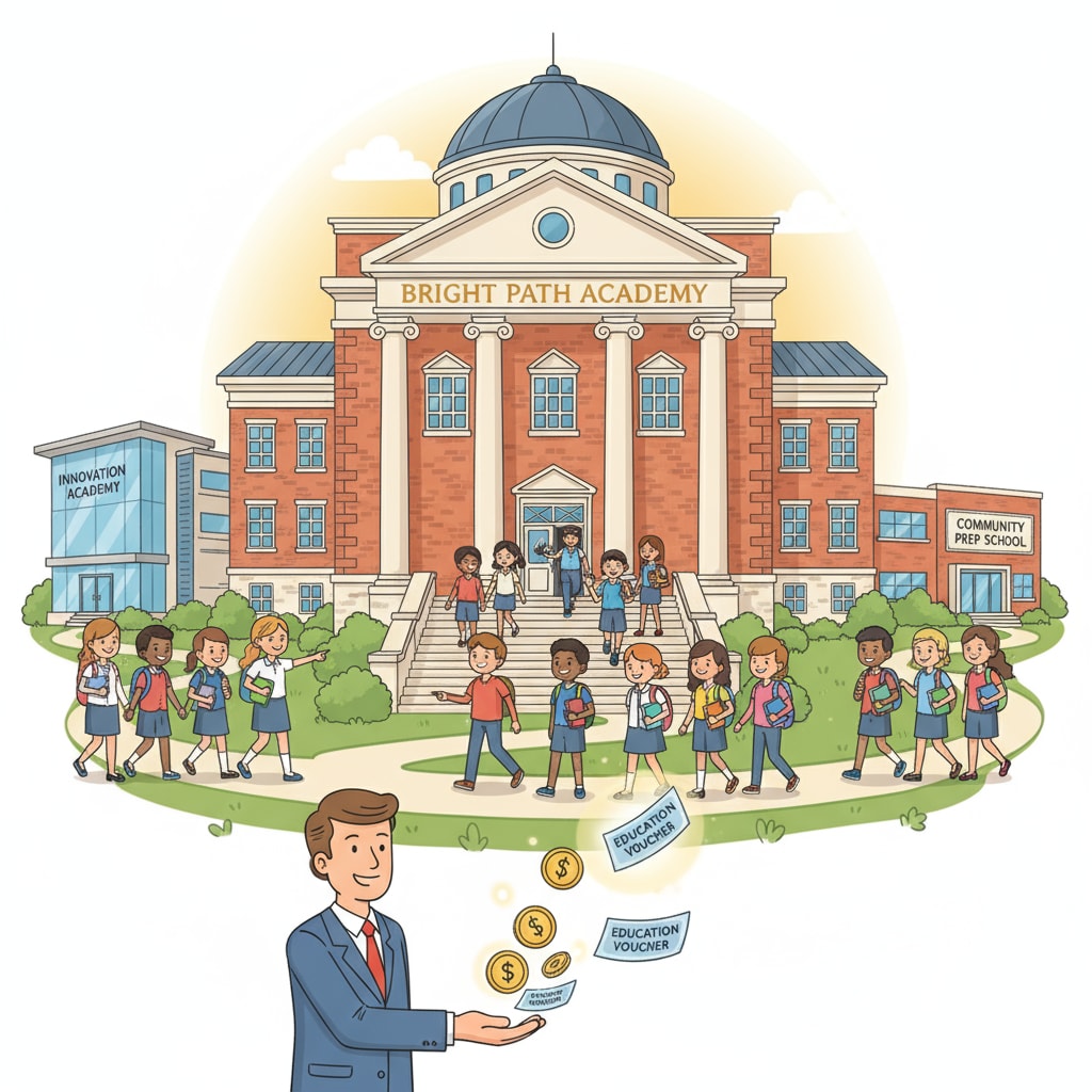 Students entering a school building as a symbol of school vouchers' impact on education