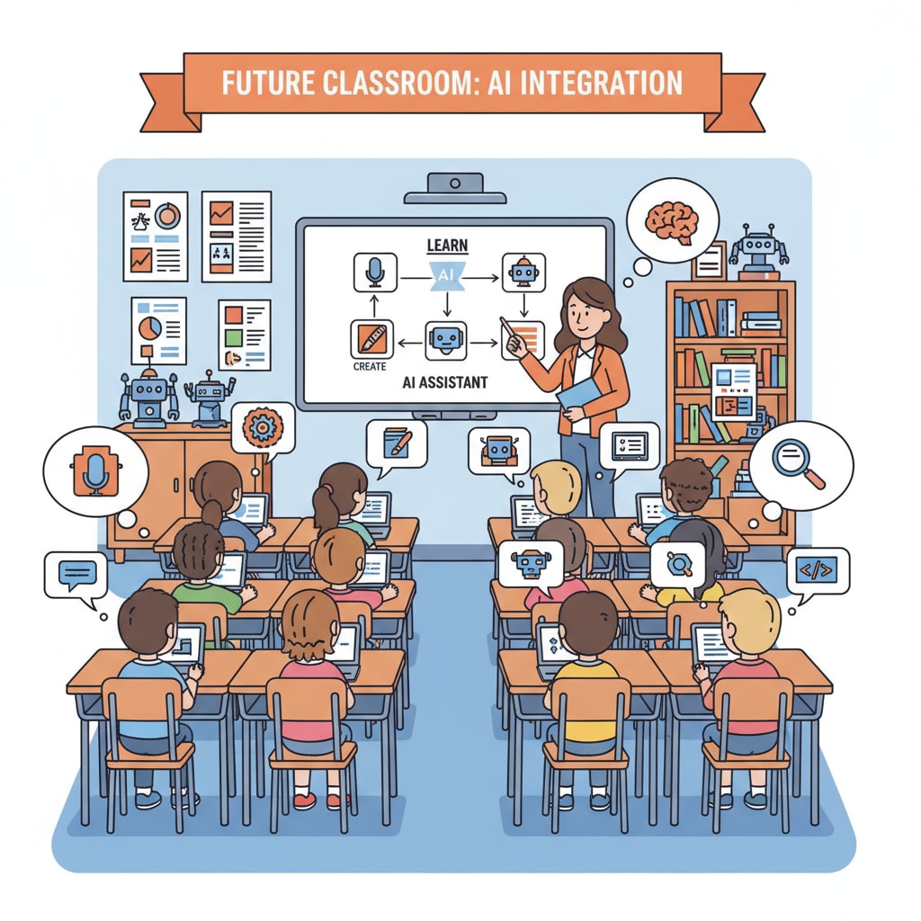 A classroom scene where students are using AI tools on their devices, highlighting the integration of AI in education. Students using AI tools in a classroom setting related to AI policies, academic integrity, and skill value