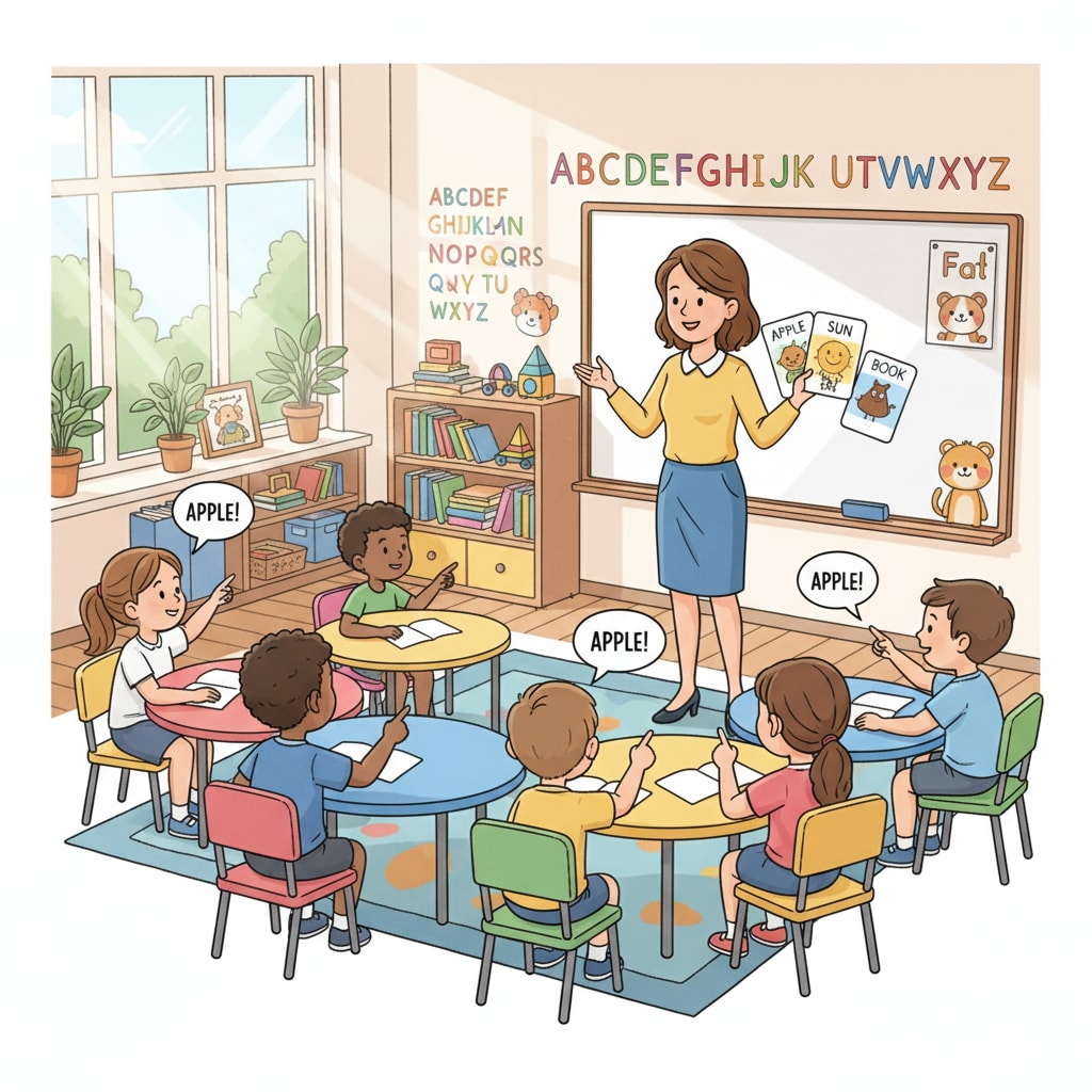 A classroom scene where primary school students are actively engaged in an English learning activity, with the teacher guiding them. Primary school students learning English in a classroom related to language teaching, early education, and teaching methods