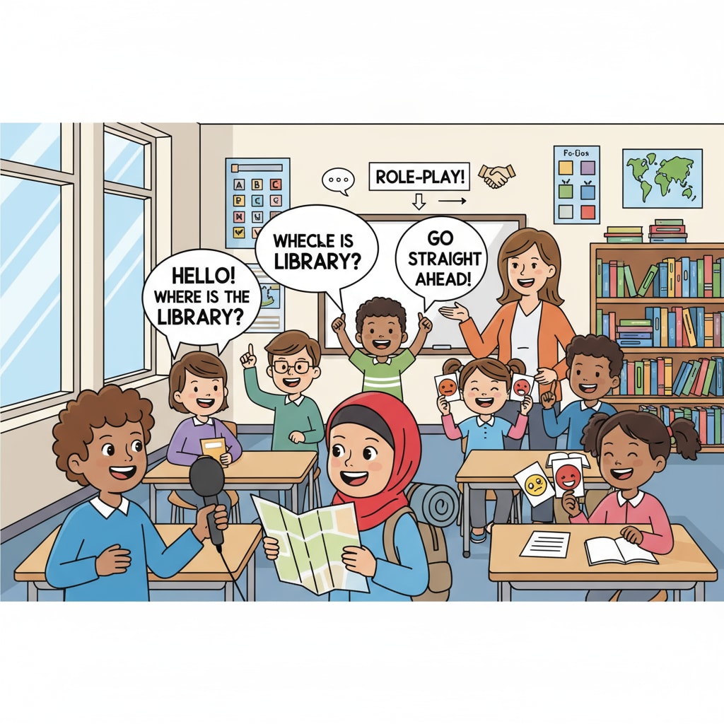 Students are performing a role-play in an English class, practicing English communication skills. Students practicing English communication skills through role-play, related to language teaching, early education, and teaching methods