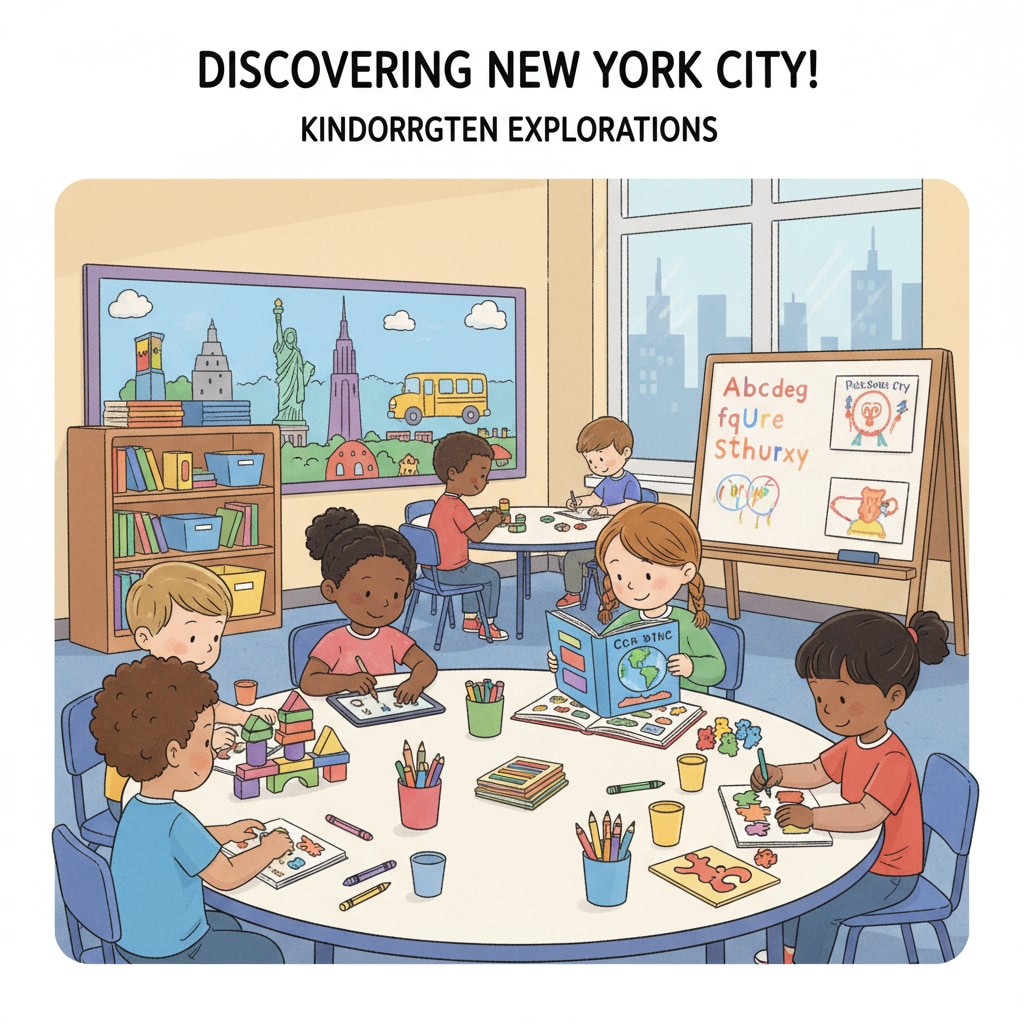 A group of kindergarten children sitting around a table, engaged in various learning activities, representing the diverse nature of kindergarten education in New York City Kindergarten children in learning activities related to the debate on gifted education, educational equality in New York City