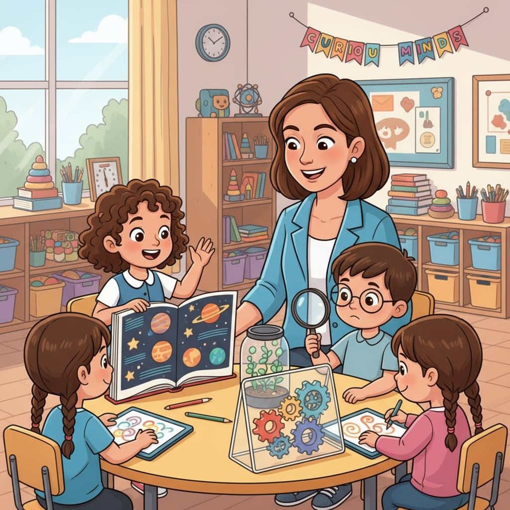 A kindergarten teacher interacting with a small group of children, some showing high levels of engagement and curiosity, representing the potential of gifted children in kindergarten Kindergarten teacher with engaged children, highlighting the potential of gifted education in New York City kindergartens