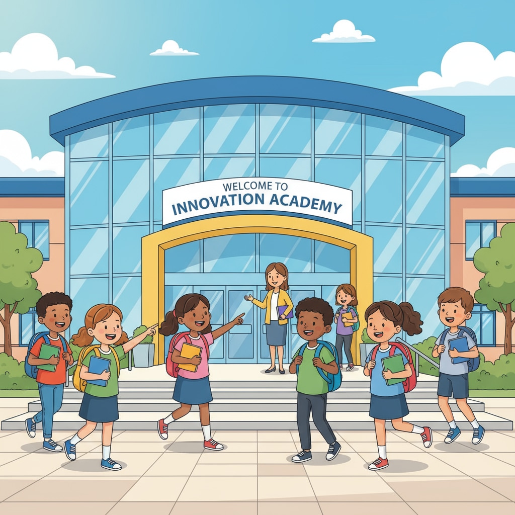 A group of K12 students walking into a new school building with excited expressions. K12 students experiencing school transition