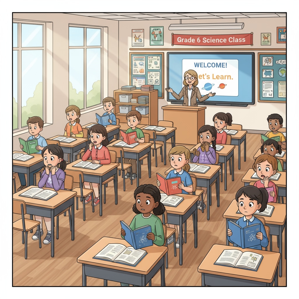 Students sitting in a new classroom, looking a bit nervous. Students facing the challenges of grade transition