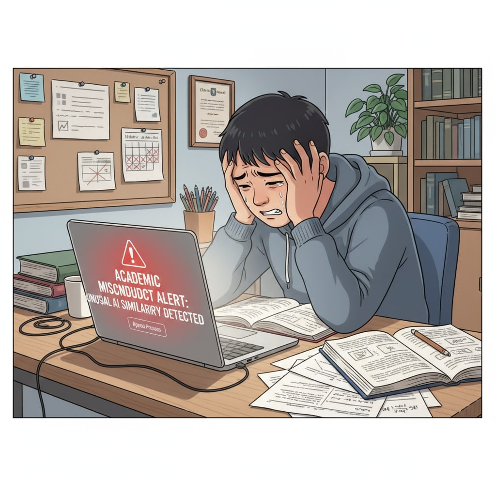 A student is shown looking distressed at a desk with a laptop and books around, indicating the stress of facing false accusations of AI use. A student under stress due to false accusations of AI use in university