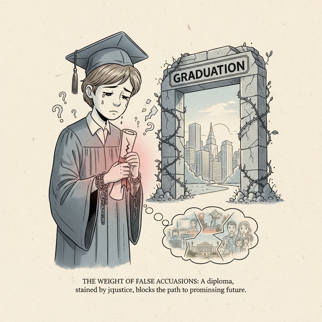 A dejected student holds a diploma, symbolizing how false accusations can impact graduation and future prospects. A student's graduation and future affected by false accusations of AI use