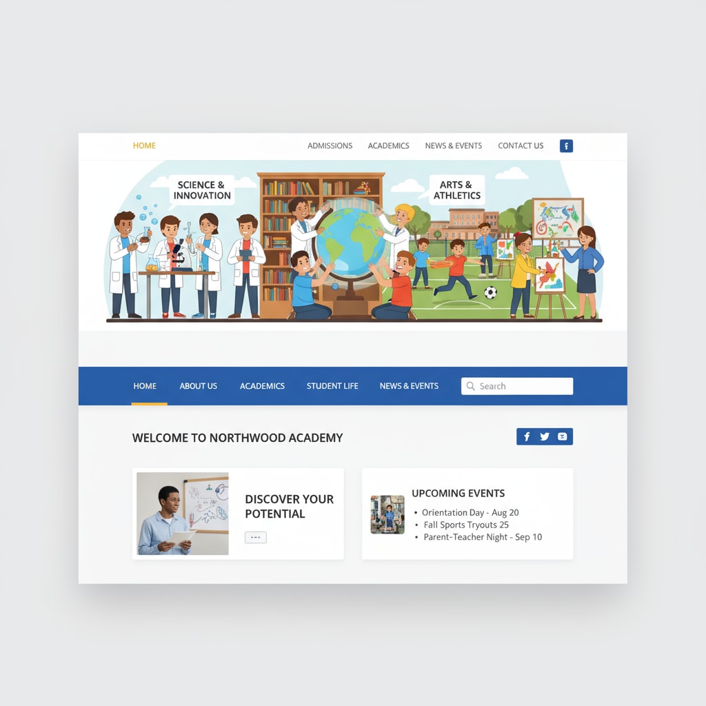 A high school website interface with an eye-catching AI-generated image at the top, showing students engaged in various activities. High school website featuring AI-generated image related to educational activities