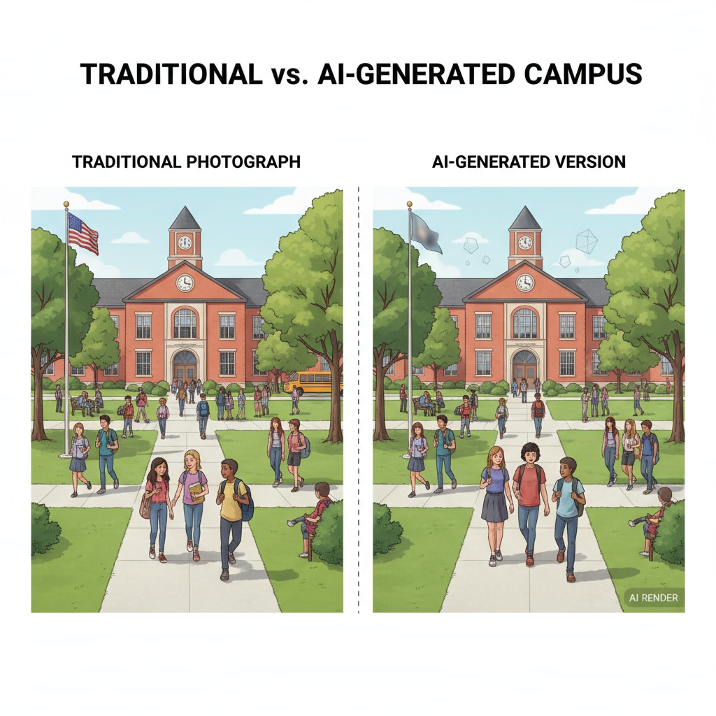 Two side-by-side images, one a traditional photograph of a high school campus and the other an AI-generated version, highlighting the differences. Comparison of regular and AI-generated images of a high school campus