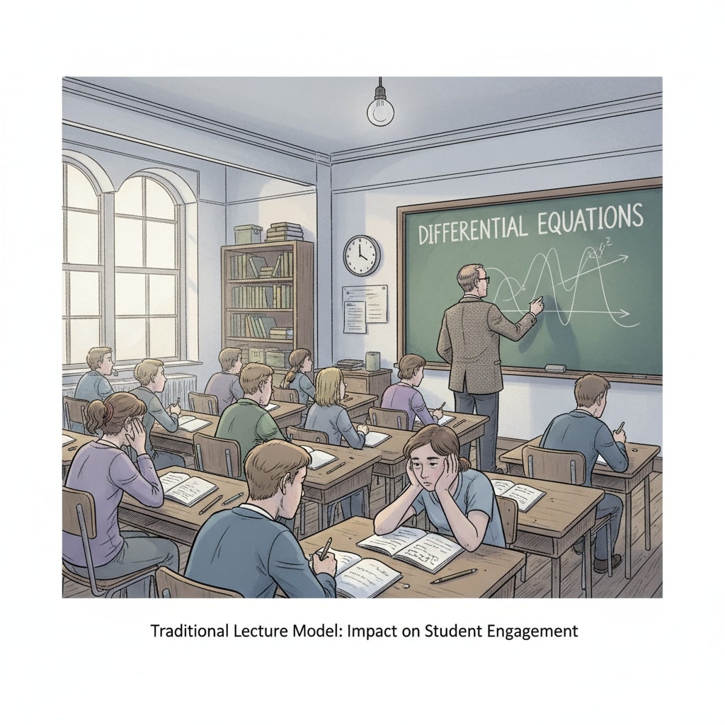 A classroom scene highlighting how traditional teaching can lead to interest deficit among students, important for understanding the context of university major choices
