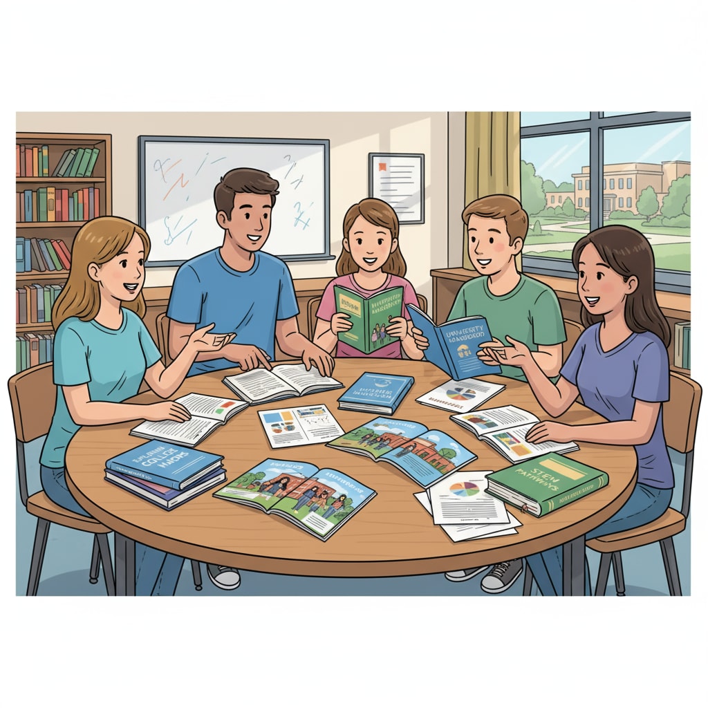 A group of high school students are sitting around a table in a classroom, discussing different college majors with enthusiasm, with books and brochures about majors scattered on the table. High school students exploring college majors and discussing career directions.