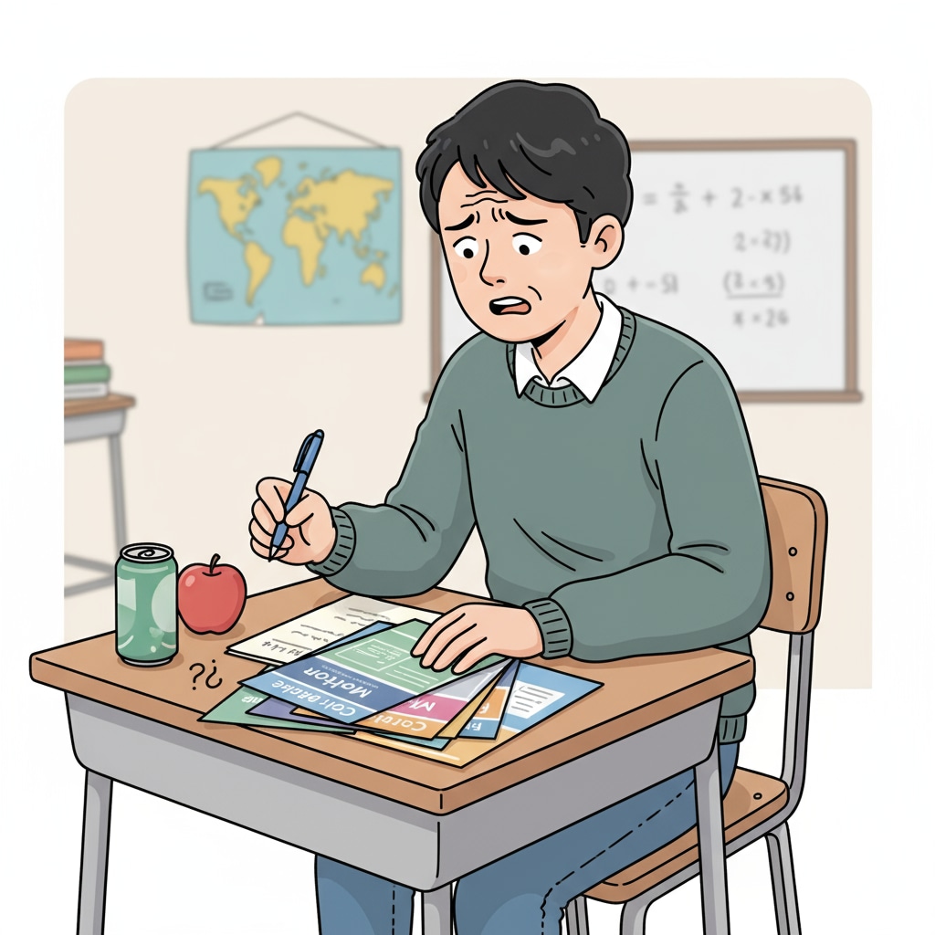A single high school student is sitting at a desk, looking through college major brochures with a confused and worried expression, with a pen in hand and some notes beside the brochures. A student facing the dilemma of choosing a college major while exploring career interests.