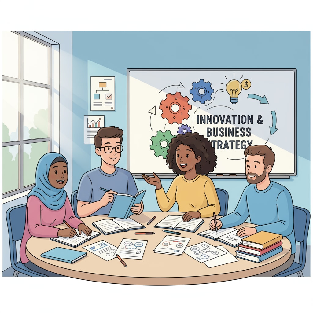 A group of students are engaged in a lively discussion about business ideas in a classroom setting, with notebooks and pens in hand, showing their enthusiasm for learning business concepts. Business students discussing ideas in a higher education setting, suitable for those with no math background exploring career development.