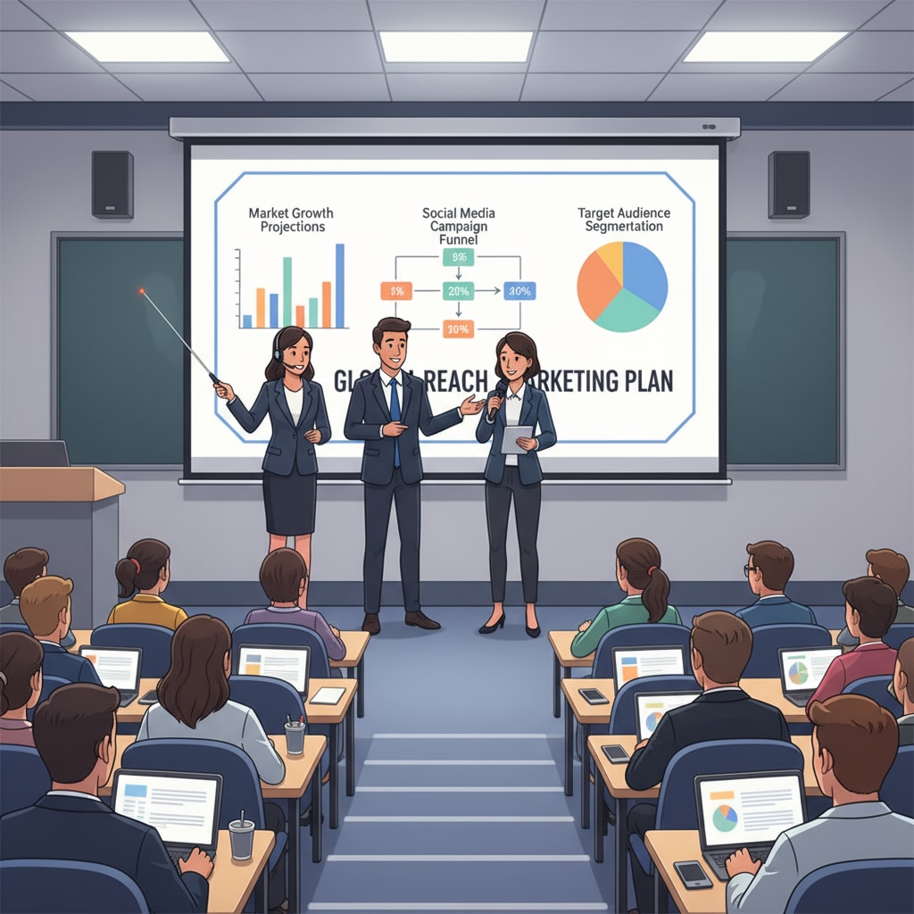Students are presenting a marketing plan on a large screen in a business class. They are pointing at graphs and charts, explaining their marketing strategies with confidence. Business students presenting a marketing plan in higher education, relevant for those with no math background looking into career options.