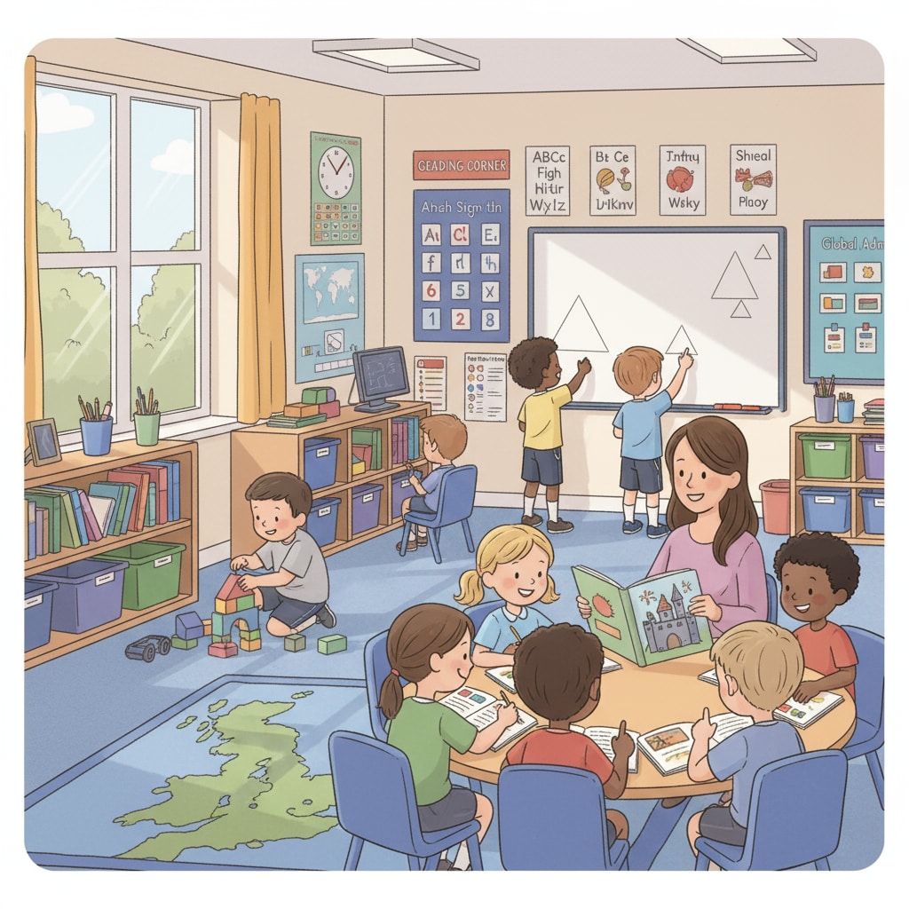 A classroom scene in a UK private primary school where students are actively learning. Students in a UK private primary school classroom related to scholarships