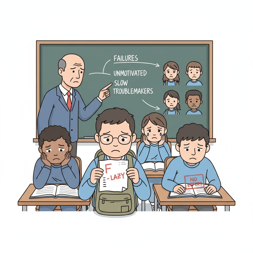 A group of students looking sad in a classroom due to teacher's unfair labels. Students affected by teacher-student relationship, campus injustice, and labeling effect.