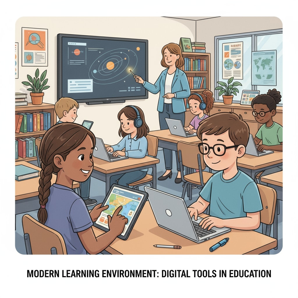 A classroom scene where students are actively using digital devices such as laptops and tablets to engage in learning activities. Students using digital technologies for learning in a post-pandemic secondary education classroom