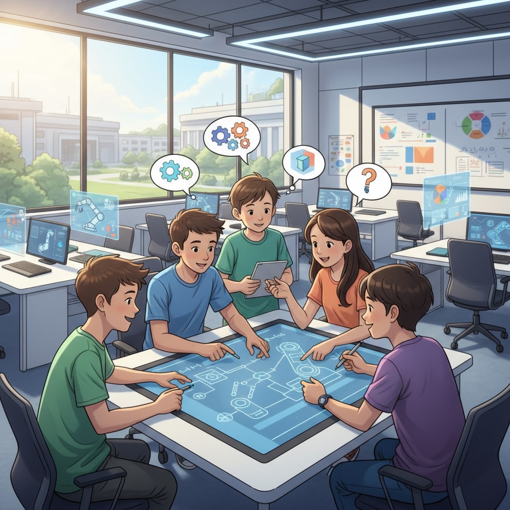 A modern classroom setup with students working together on a digital project, collaborating and sharing ideas. Students collaborating on digital projects in post-pandemic secondary education