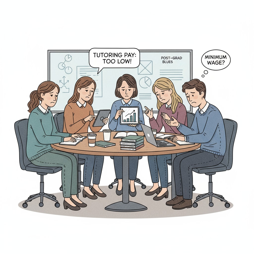 A group of university graduates are sitting around a table, looking disappointed as they talk about the low pay they get from their tutoring jobs. University graduates discussing low pay in the Australian tutoring industry