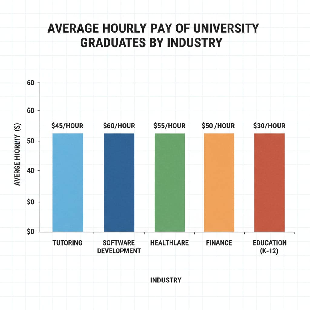 A bar graph comparing the average hourly pay of university graduates in the tutoring industry and several other industries. Pay comparison of university graduates in the Australian tutoring and other industries