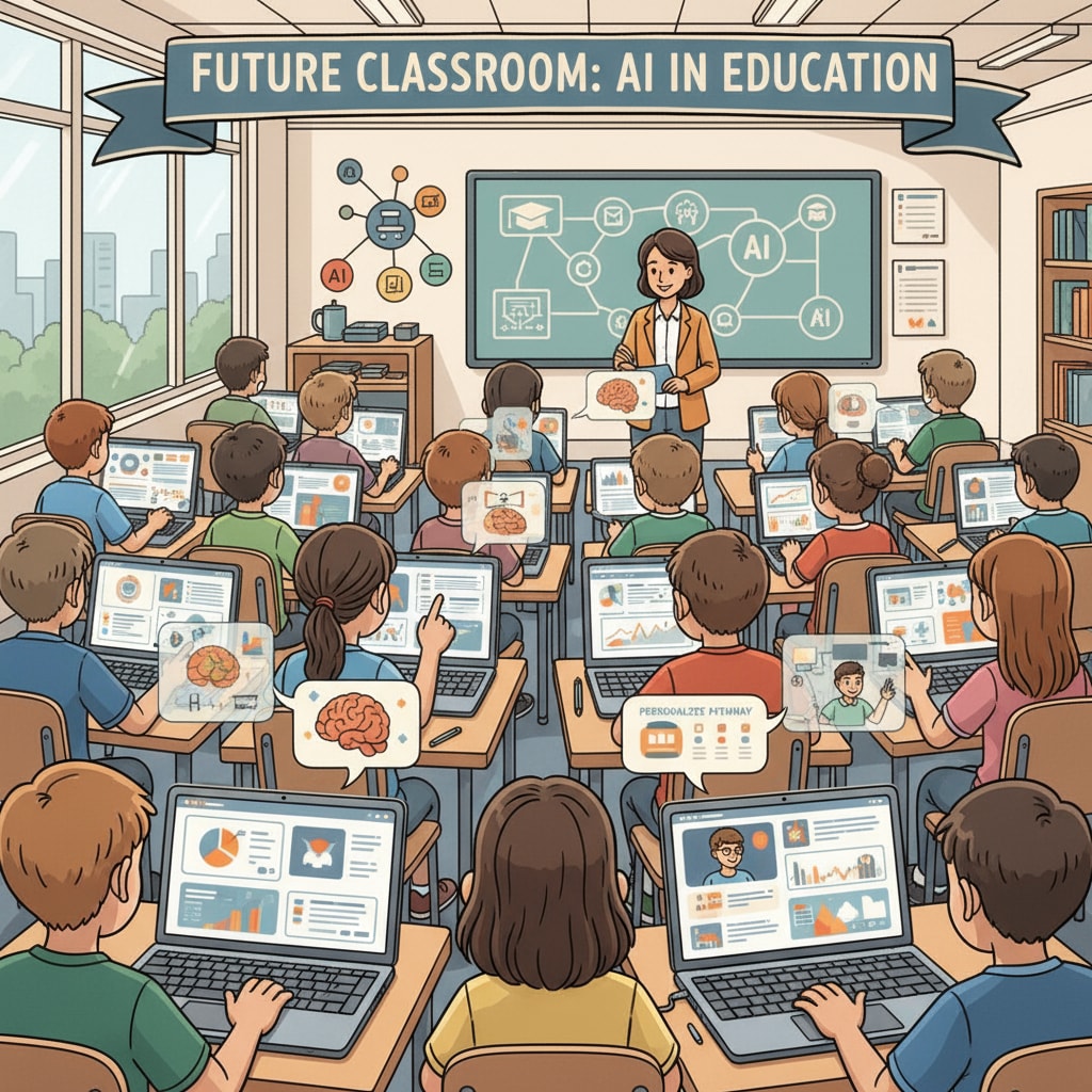 A classroom scene where students are using laptops with AI educational software, demonstrating the integration of AI in education. AI applications in education scene