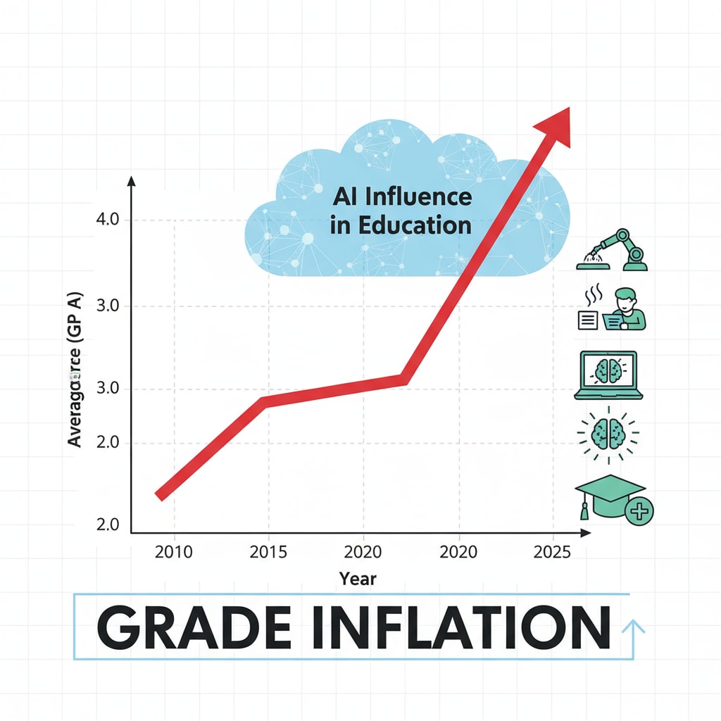 A visual representation of how average grades are increasing over time due to the influence of AI in education, highlighting the grade inflation issue. Graph showing grade inflation in the era of AI in education