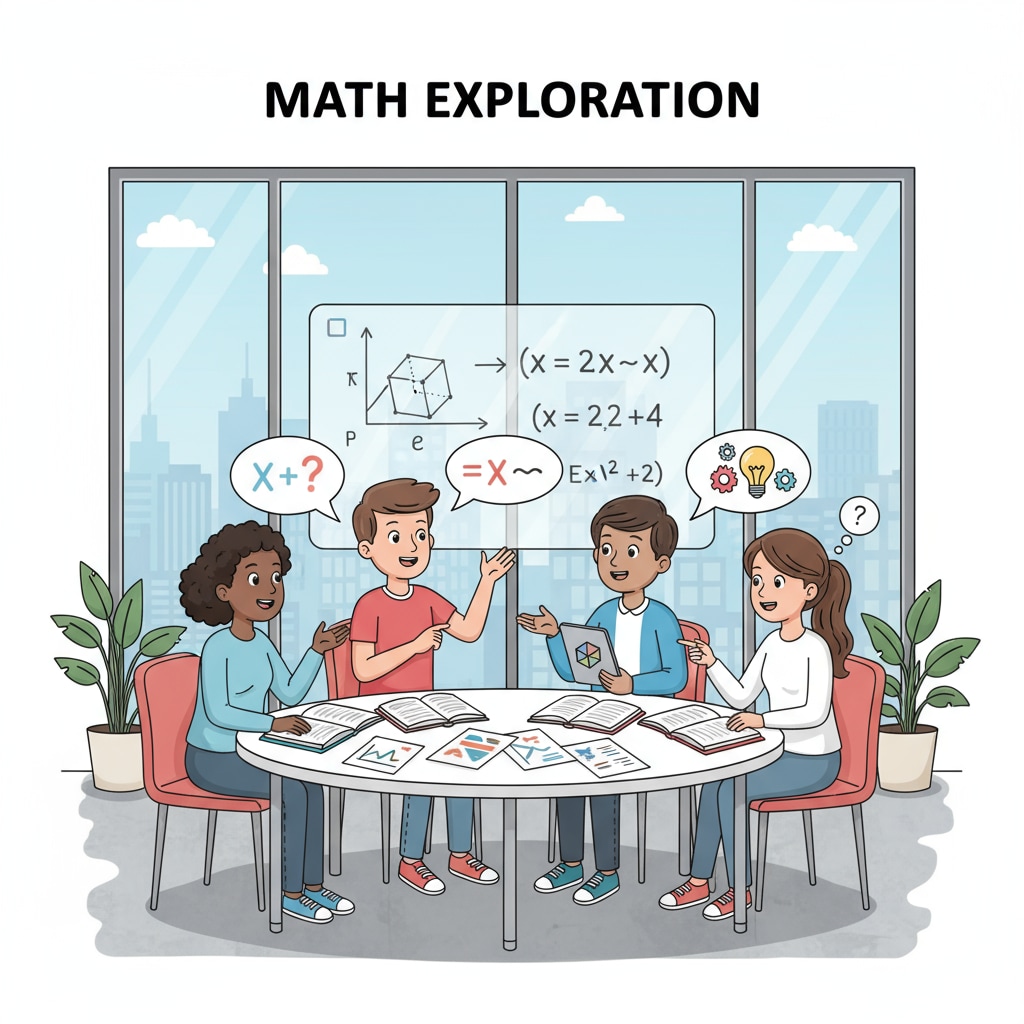 A group of students is engaged in a lively discussion about math problems in a modern classroom setting. Students with strong mathematical abilities discussing problems in a classroom, relevant to professional choices and European study abroad for K12 educators