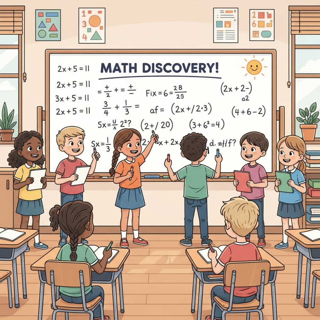 Students are actively writing and solving math equations on a large whiteboard, showing their enthusiasm for learning mathematics. Students with math skills working on equations, related to professional choices and European study opportunities for K12 educators