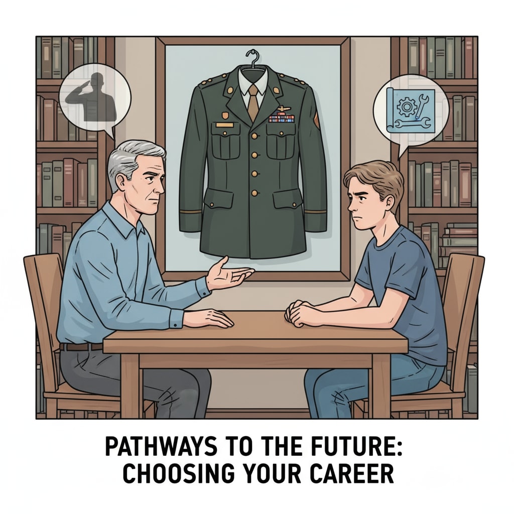 A father and son are engaged in a serious conversation about career choices. There is a military uniform hanging on the wall in the background, symbolizing the father's possible military background and his influence on the son's career decision. Father's pressure on son's career choice with military influence