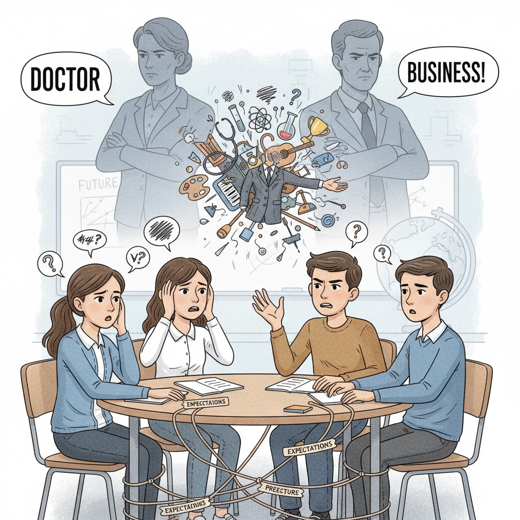 A group of teenagers are sitting together, looking worried and confused as they talk about their career options. This shows the stress and conflict they face when trying to make career decisions under parental pressure. Adolescents under stress while discussing career choices due to parental pressure