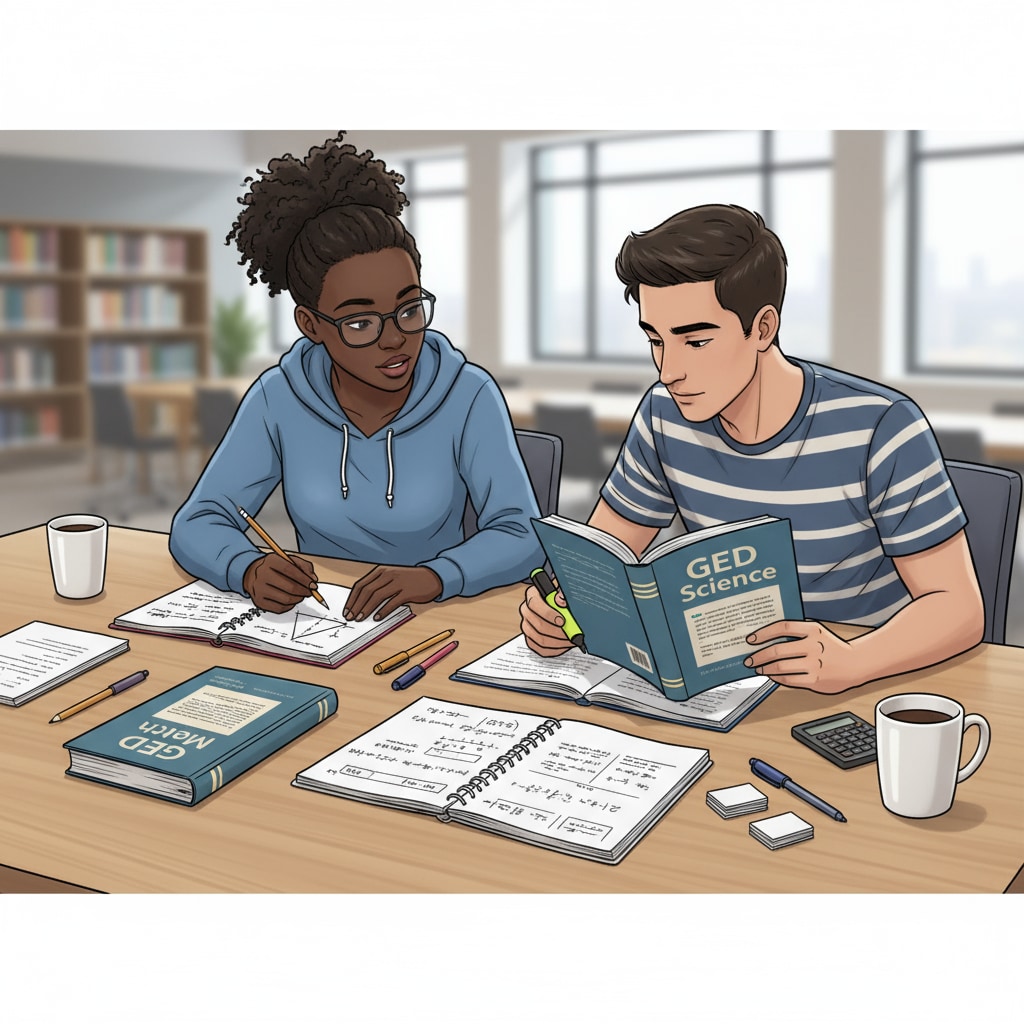 Two students are sitting at a table, looking at GED math and science textbooks and notebooks, engaged in study. Students studying GED math and science resources
