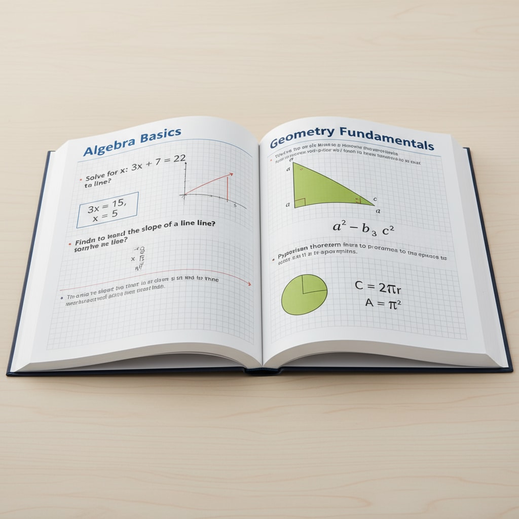 A close-up shot of a GED math study guide book with pages open showing math problems and explanations. GED math study guide book