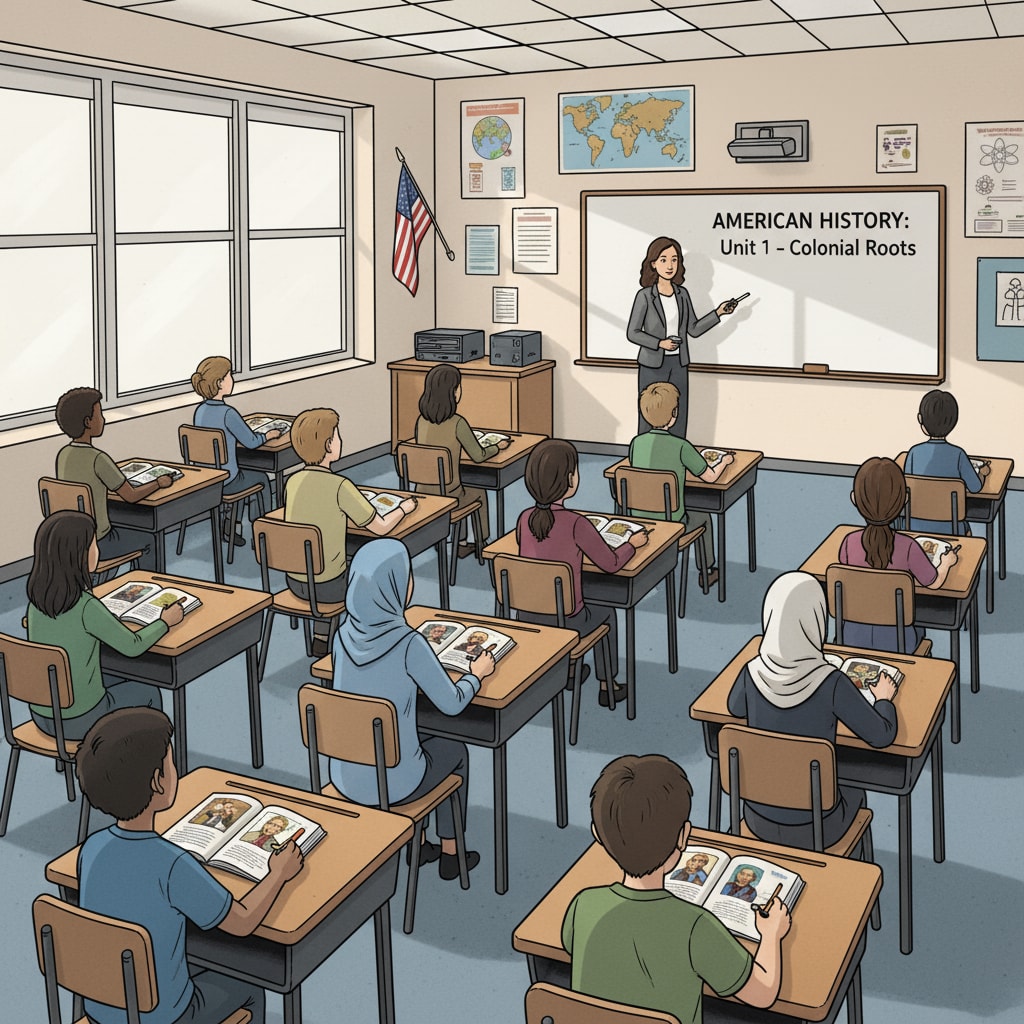 A classroom scene in an American school with students from different backgrounds sitting at desks, representing the diverse student body within the American school system. American school classroom scene related to social class screening in the school system