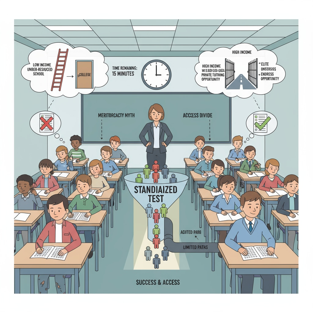 A group of students taking a standardized test in a classroom, highlighting the significance of standardized testing in the American school system's social class screening process. Students taking a standardized test in an American school for social class screening analysis