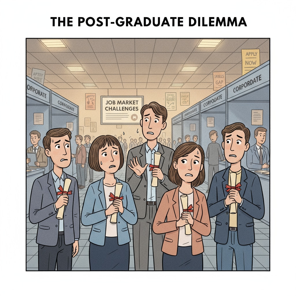 A group of graduates looking worried while holding their degree certificates at a job fair, showing the stress and uncertainty they face in the job market. Graduates at a job fair expressing concerns about their career prospects related to their university degrees.